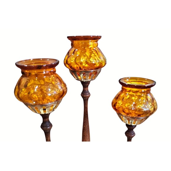 Vintage MCM Set of 3 Amber Glass, Wood, Brass Tealight Holder Centerpiece Candle - Picture 3 of 5